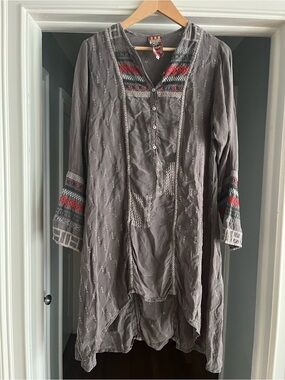 Johnny Was Boho Embroidered Gray Tunic with Red & Teal Accents
